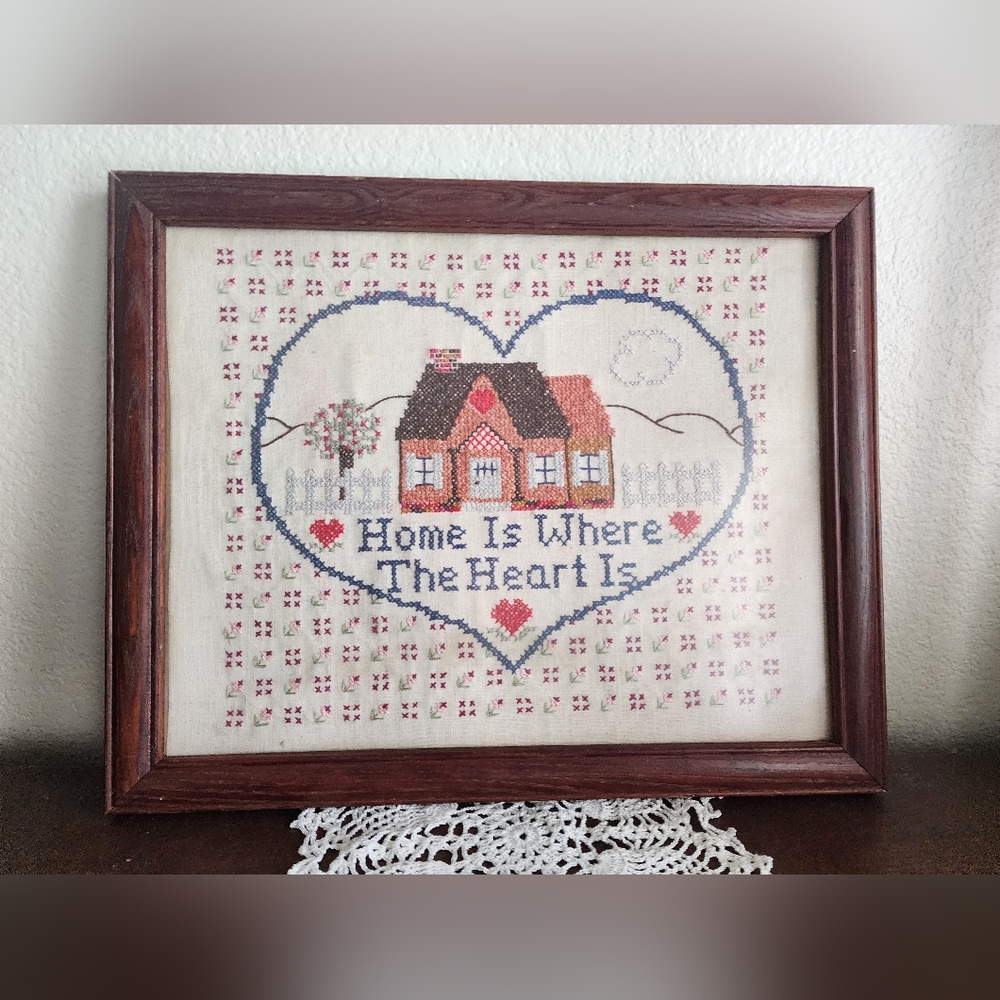 Vintage Cross Stitched 1980s Needlepoint "Home Is Where The Heart Is" Framed